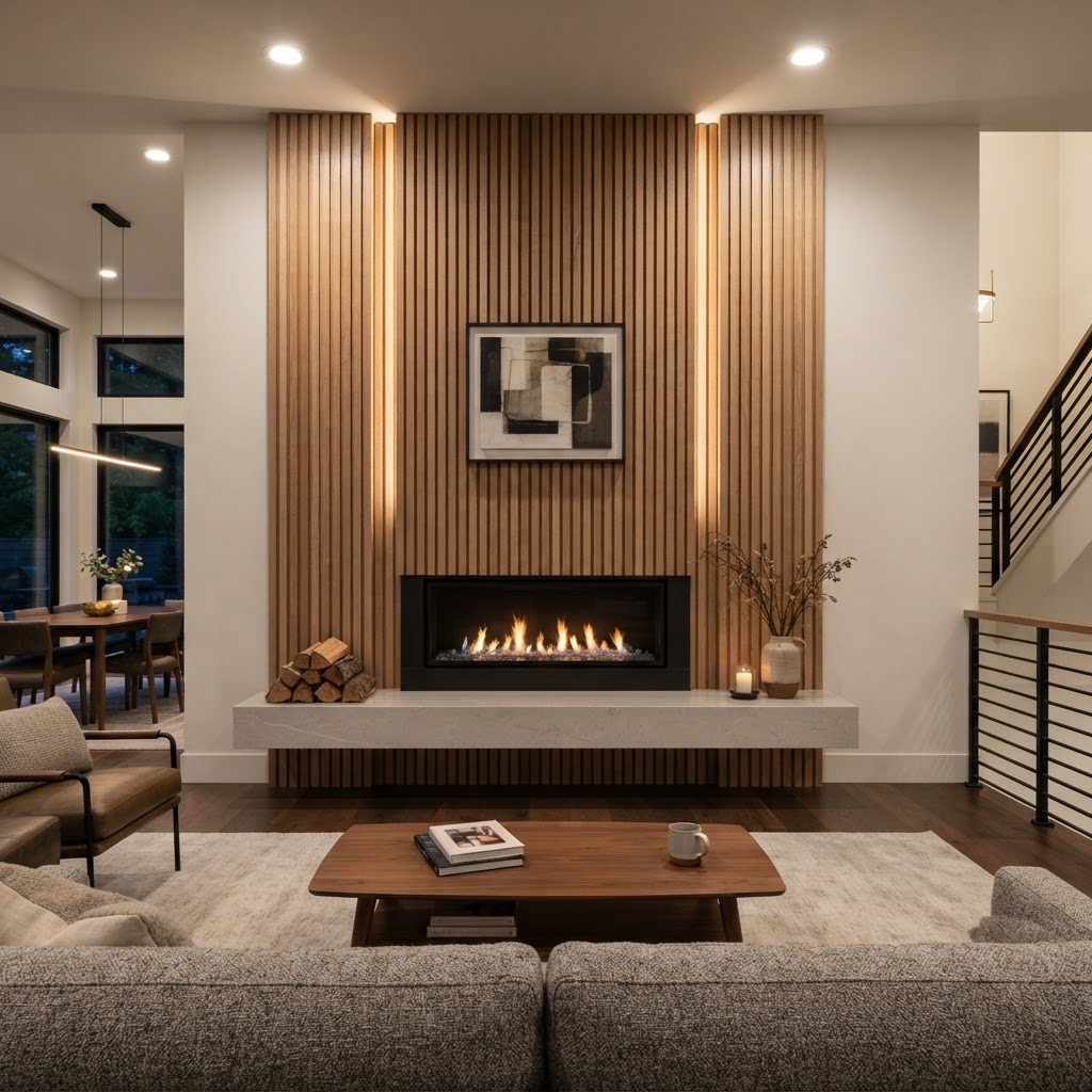 Slat wood fireplace accent wall