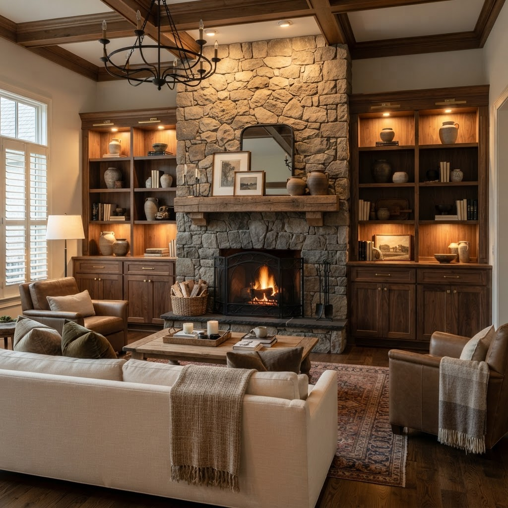 Stone fireplace with built-ins
