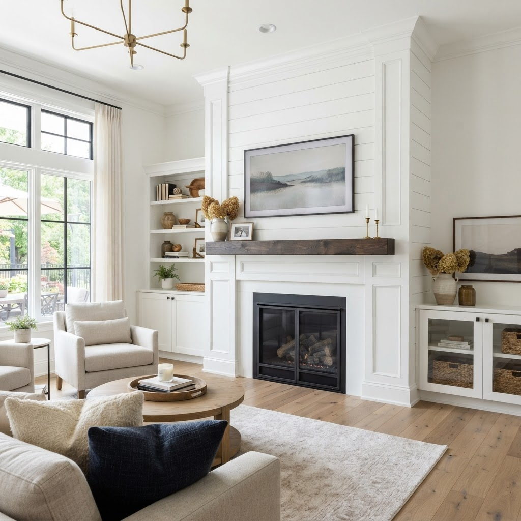 White paneled fireplace wall