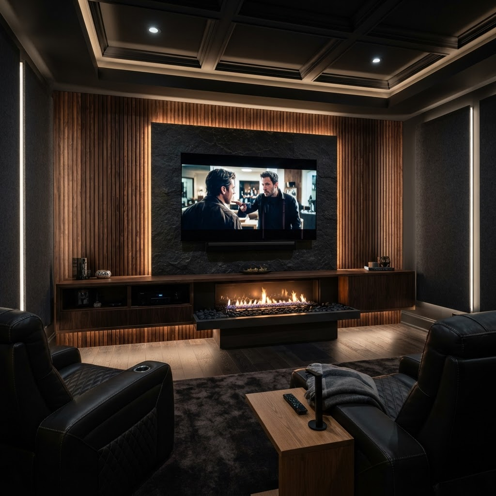 Fluted media wall with fireplace